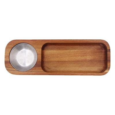 China Sustainable Wholesale Creative Acacia Wood Tray With Stainless Steel Sauce Dish for sale