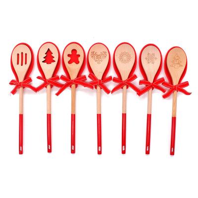 China Sustainable 7 Pcs Christmas Wooden Spoon Tools With Silicone Holder Kitchen Cooking Tool for sale