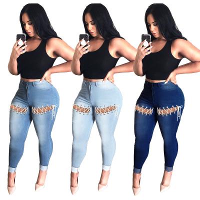 China Foreign Trade Breathable New Amazon Wish Border Women Fashion Creative Sexy Bandage Jeans Plus Size Women's Jeans Women Clothing for sale