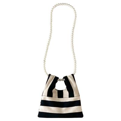 China Fashion New Fashion Pearl Striped Custom Canvas Purses And Handbag Cute Mini Shoulder Bag For Women for sale