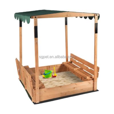 China Wooden Outdoor Wooden Sandbox with Cover for Kids Playhouse Sandbox with Adjustable Canopy, Foldable Benches for Backyard, Lawn, Garden for sale