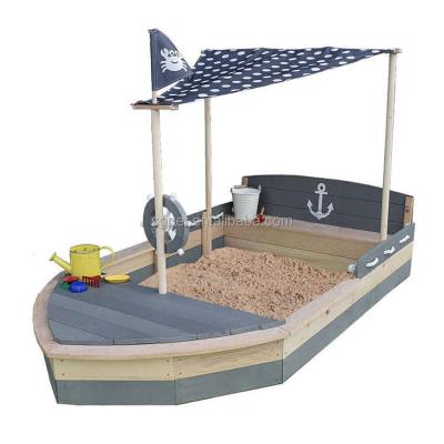 China Outdoor Wooden Boat Sandpit Pirate Sandbox with Cover and Adjustable Canopy, Foldable Benches for Kids Hut Sandbox for sale