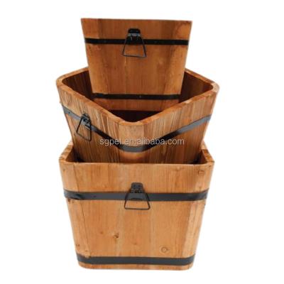 China Country Barrel Wooden Flower Pot Decoration For Home And Garden Square Pot Wholesale Customize Heavy Duty Wooden Planter Box 4 Sets for sale