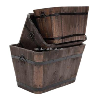 China Country Customize Heavy Duty Wooden Planter Box Wooden Barrel Flower Pot Decoration 3 Set Wholesale For Home And Garden Rectangle Pot for sale