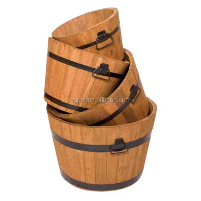 China Country Customize Wholesale Wooden Round Pot Sets 4 Planter Box Wooden Flower Pot Decoration For Home And Garden Wood Barrel for sale