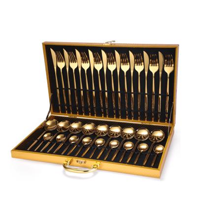 China Stocked 36pcs Flatware Set 410 Stainless Steel Gold Plating Portuguese Cutlery Set With Wooden Gift Box for sale