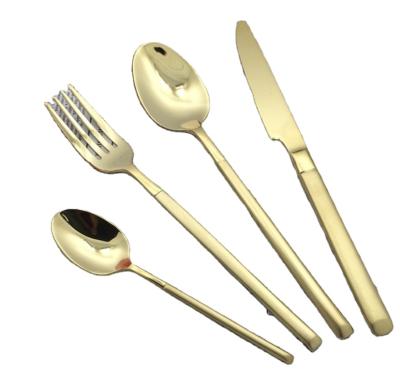 China Stocked Portuguese Square Luxury Gold Handle Dinnerware Set Fit For Hotel Restaurant SS304 Knife Fork Spoon Flat Tableware for sale