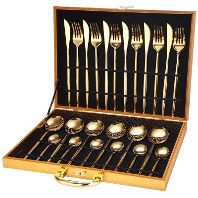 China Sustainable Factory Wholesale Classic 24 Piece Gold Stainless Steel Flatware Set With Wooden Box for sale