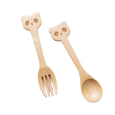 China Stocked Cartoon Animal Natural Wooden Cutlery Set Cute Wooden Spoons And Forks For Kids / Baby for sale