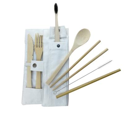 China Stocked Natural Reusable Bamboo Flatware Set Spoon Fork Knife Chopsticks And Straw Cutlery Set With Pouch for sale