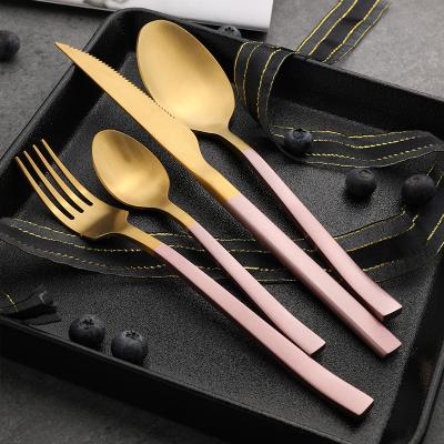 China Stocked Stainless Steel Gold Plated Flatware, Gold Matte Cutlery Set For Wedding With Pink Handle Flatware Set for sale