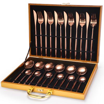 China Stocked Cutlery Set Pvd Coating Stainless Steel Gold 16/24/36 Pcs Cutlery Set With Wooden Gift Box for sale