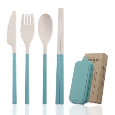 China Wheat 4pcs Straw Cutlery Set Removable Children's Wheat Straw Cutlery Set Removable Knife Spoon Chopsticks Portable Tableware Set for sale