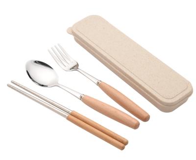 China Stocked Portable Cutlery Set 3 Pcs Tableware 410 Stainless Steel Spoon Handle Reusable Wooden Fork Chopsticks for sale