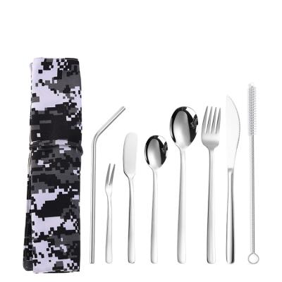 China Stocked Travel Flatware 304 Stainless Steel Portable Camping 8pcs Cutlery Set With Pouch for sale