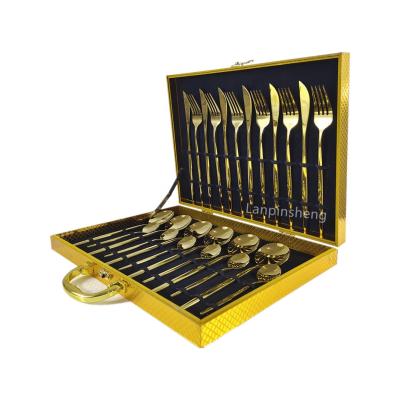 China Sustainable Classic Flatware Sets 410 Stainless Steel Gold Cutlery Set 24 Pieces Cutlery Sets With Wooden Custom Case for sale