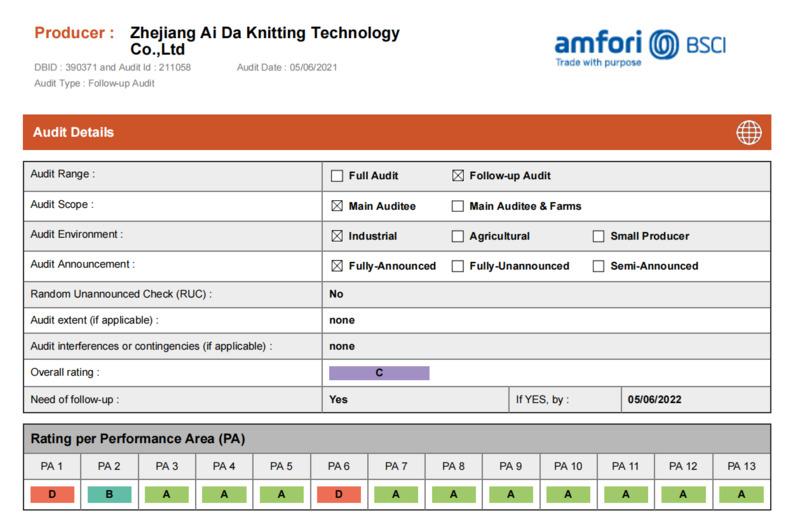 BSCI - Zhejiang Aida Knitting Technology Co., Ltd.