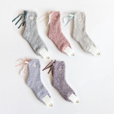 China Wholesale Winter Solid Color QUICK DRY Sleep Booties Loose Fleece Bow Embroidery Women Cotton Half Socks for sale