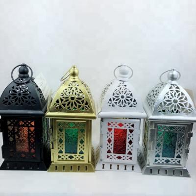 China Decorative Lantern Home-Shape Mini Metal Retro Iron Glass Candlestick Sconce Lantern for sale