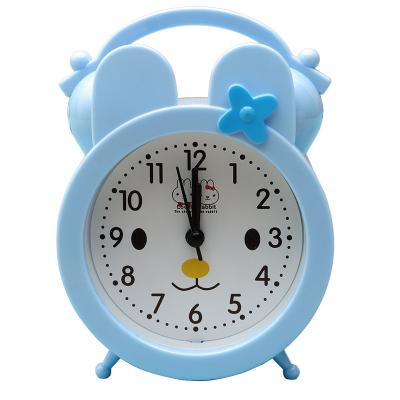 China Children's Antique Creative Blue Silent Wooden Lazy Student Alarm Clock Cartoon Rabbit Style Small Alarm Clock for sale