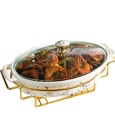 China Wholesale Home.Restaurant.Bar.Hotel.Wedding Oval glod Dish Ceramic Chafing Dishes Shake Food Warmer 1.1L Oval Chafing Dish for sale