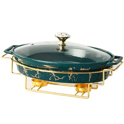 China Home.Restaurant.Bar.Hotel.Wedding Ready to Ship Restaurant Catering Cookware Food Warmer Chafing Dish Buffet Gold Oval Ceramic Dishes with Glass Lid for sale