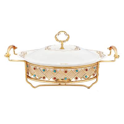 China 2021 Hot Selling Homes Stainless Steel Gold Chafing Dish Wedding Hotel Buffet Ceramic Stove for Food Heat Preservation and Storage for sale