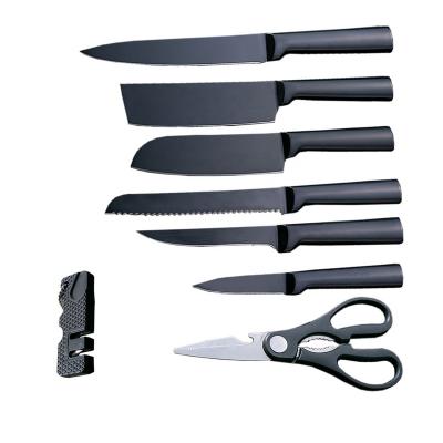 China Durable Black Blade Stainless Steel Kitchen Knife Set 8 Pieces With Sharpener for sale