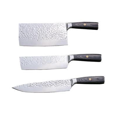 China HOT Sustainable Sale 3pcs Professional Vertical Forging Kitchen Knife Set With Brown Wood Handle for sale