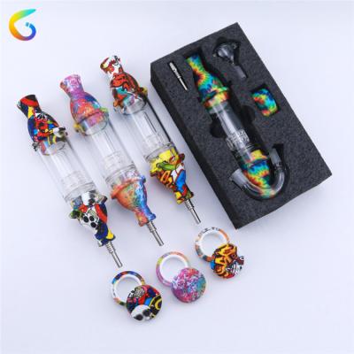 China Beautiful Modern Silkscreened Silicone Nectar Evaporating Glass Pipestem Filtering Smoking Pipe Kit for sale