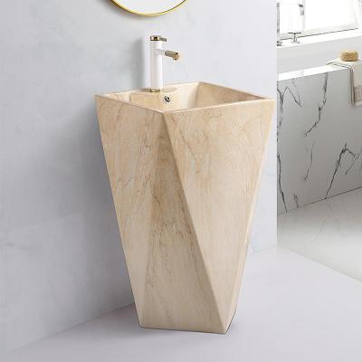 China Modern Diamond Marble Pedestal Wash Basin Free Standing Ceramic Pedestal Sink Basin for sale