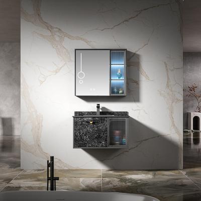 China Gray Wall Mount Bathroom Vanity Durable Modern Hotel Washroom Solid Wood Storage Cabinet Marble Floating Vanity for sale