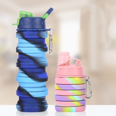 China Leakproof Sports Gym Collapsible Water Bottle 17oz 500ml Collapsible Silicone Drinking Water Bottle Stored With Logo Customized for sale