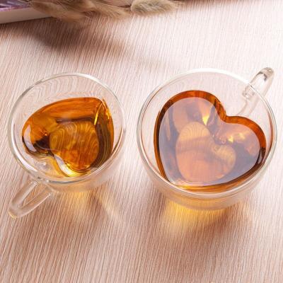 China 180ml 240ml Love Shape Tea Mug Coffee Beer Borosilicate Glass Stocked Double Walled Clear Insulated Mug With Handle for sale