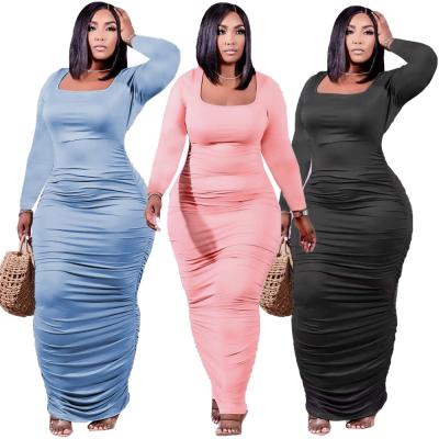 China 2021 Plus-size anti-static anti-static women's long sleeve pleated dress fashion monochrome stretch slim dress for sale