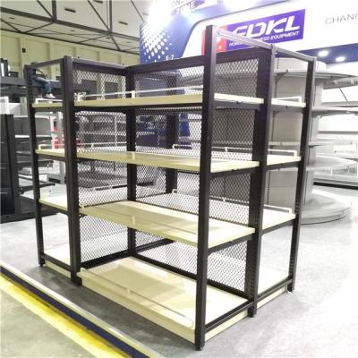 China Single / Double Steel Shelf Store Supermarket New Side Display Wooden Grid Shelf for sale