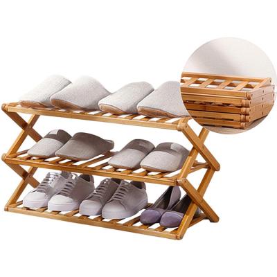 China Adjustable Folding 3 Row Shoe Rack Installation Free Standing Storage Rack Bamboo Shoe Rack (Other) for sale