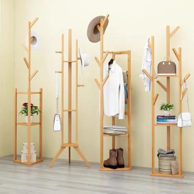 China Tree Expandable Bamboo Clothes Rack Portable Coat Hat Umbrella Hanger Holder Rack with 3-Tier Storage Shelves and Hooks for sale