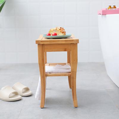 China Eco-Friendly Bathroom Bamboo Shower Chair with Storage Shelf Organizer Stool Indoor Bathing Bench for Indoor Shower for sale