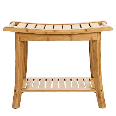 China Eco-friendly Bamboo Shower Bench Spa Seat Bathroom Chair With Waterproof Storage Shelf For Indoor Or Outdoor for sale