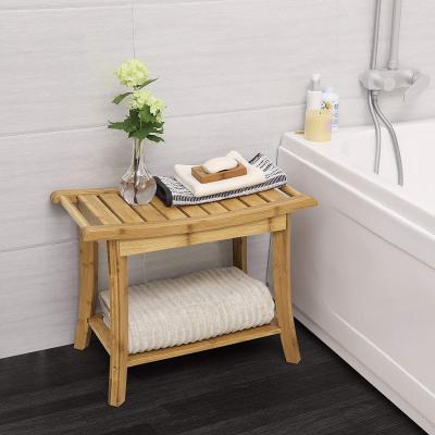 China Luxury Spa Eco-Friendly Bamboo Bath Bench Shower Stool Organizer with Storage Shelf for Chair Indoor Outdoor Seating for sale