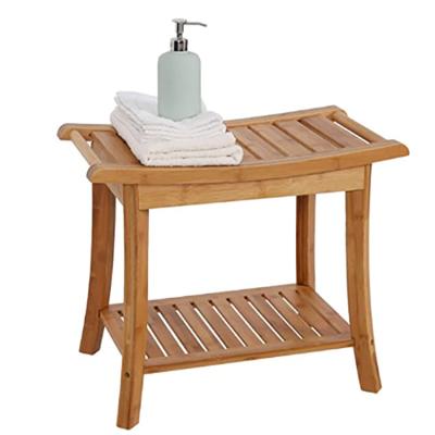 China Eco-Friendly Bamboo Shower Bench Stool Seat With Shelves Waterproof Wooden Bath Spa Bathroom Storage Organizer Wooden Bench for sale