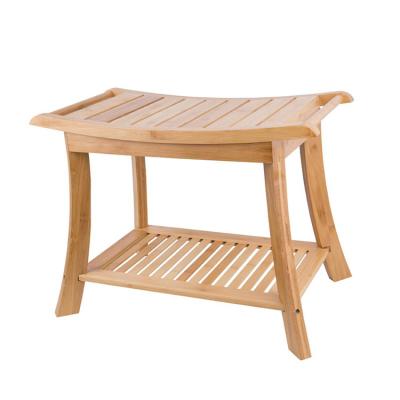 China Eco-friendly Shower Bench With 2-Tier Storage Shelf Bamboo Shower Bench Bath Stool Applicable To Bathroom Or Living Room for sale