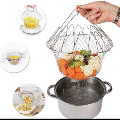 China Sustainable Hot Sales 304/201 Stainless Steel Foldable Telescopic Chef Fry Basket Strainer for sale