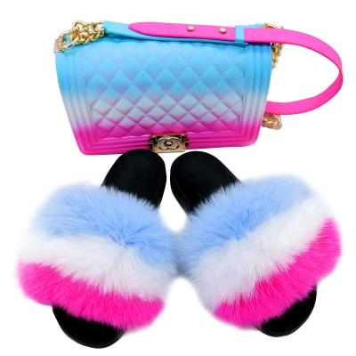 China Hot Selling Colorful Anti-slippery Rainbow Handbags Freeze Purses With Matching Fox Fur Slippers For Women for sale