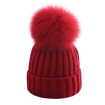 China JOINT Children's Hat Fox Hair Oversized Ball Boys and Girls Knitted Hat for sale