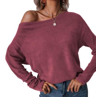 China Anti-wrinkle solid color batting-sleeve autumn and winter loose large size oblique shoulder knitted long-sleeved T-shirt for sale