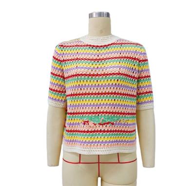 China 2022 spring summer new Anti-wrinkle hollow hollow knitted foreign trade loose round neck striped sweater for sale