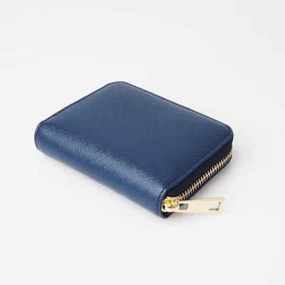 China RFID Dark Blue Men's Leather Wallets Waterproof RIFD Gold Zipper Men's Wallets Thin Genuine Leather for sale