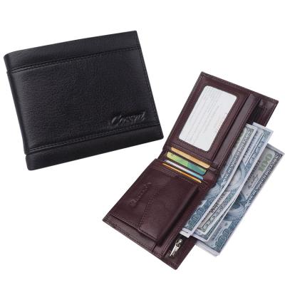 China Clear Window Waterproof Two Line Business ID Bifold RFID Blocking Genuine Leather Zipper Men Wallet With Stocks for sale